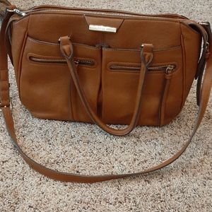 Nine West Brown Leather Satchel Purse Gold Accents